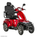 The Pride Baja® Raptor® 2 Bariatric 4-Wheel Scooter shown in red features a padded seat with backrest, armrests, handlebars, headlight, black trim, full suspension, and sturdy tires—designed for outdoor use and displayed on a white background.