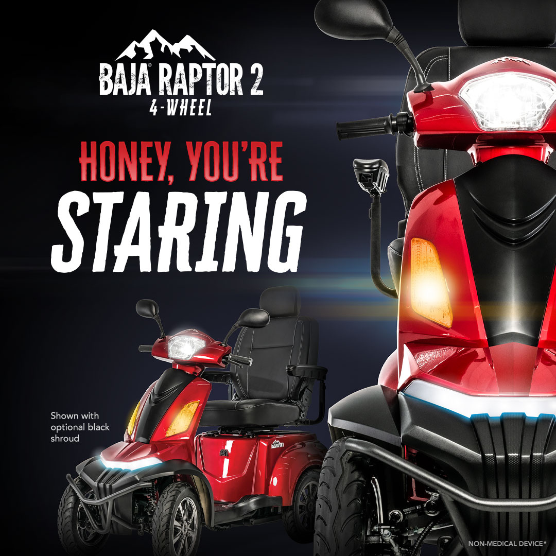 The Pride Baja® Raptor® 2 Bariatric 4-Wheel Scooter in red is showcased against a dark background with bold text, Honey, you’re staring. An optional black shroud is also displayed. Designed for outdoor mobility and premium comfort.