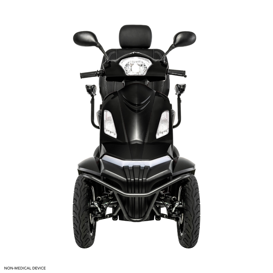 The Pride Baja® Raptor® 2 Bariatric 4-Wheel Scooter, shown in black from the front on a white background, features large tires, side mirrors, handlebars, and a headrest. NON-MEDICAL DEVICE text appears in the corner.