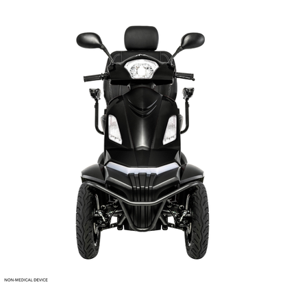 The Pride Baja® Raptor® 2 Bariatric 4-Wheel Scooter, shown in black from the front on a white background, features large tires, side mirrors, handlebars, and a headrest. NON-MEDICAL DEVICE text appears in the corner.