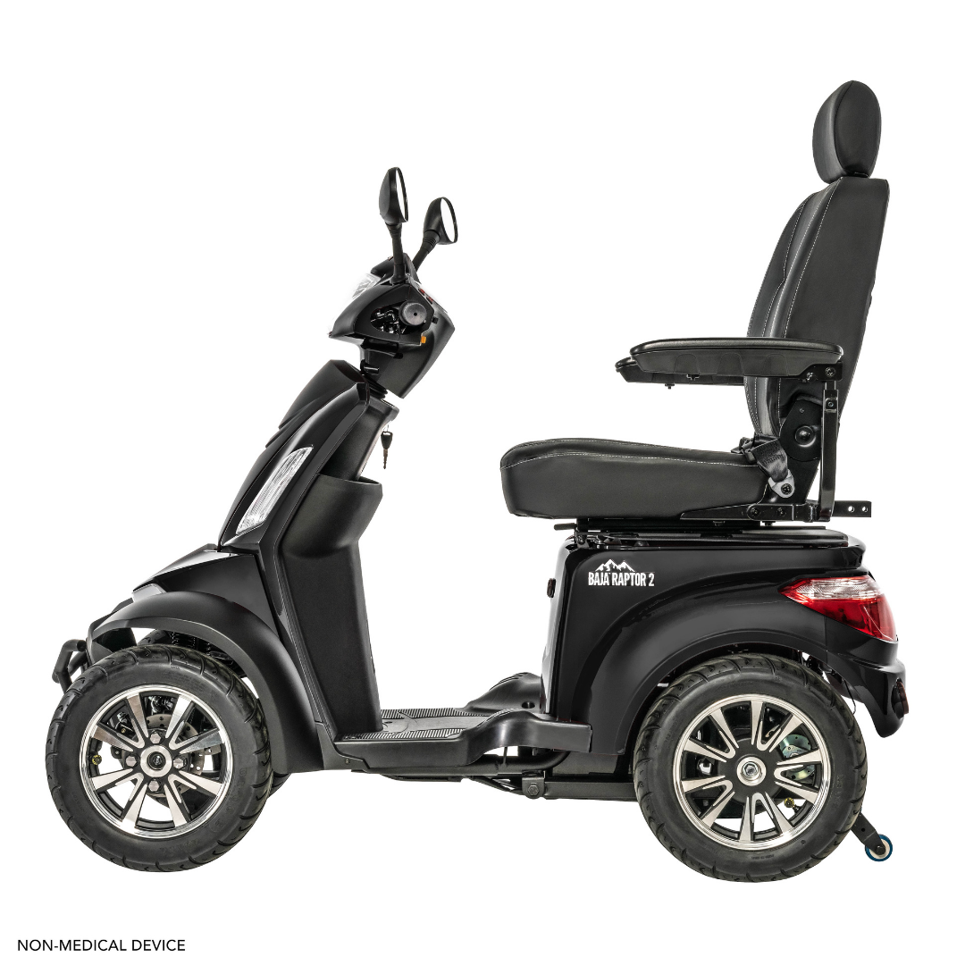 The Pride Baja® Raptor® 2 Bariatric 4-Wheel Scooter is black with a high-back swivel seat, armrests, and rear-view mirrors, shown in side profile against a white background.