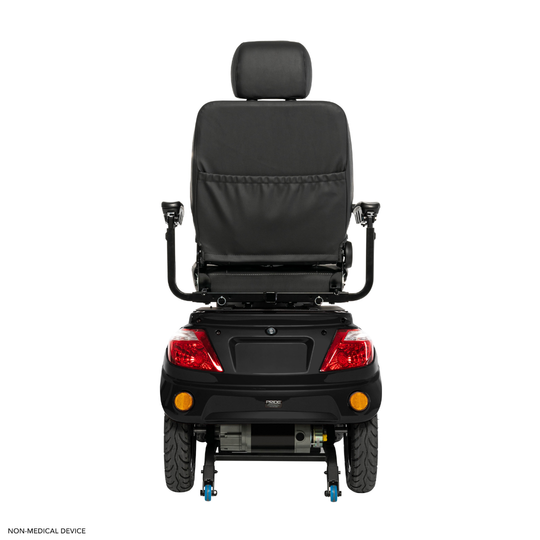 The Pride Baja® Raptor® 2 Bariatric 4-Wheel Scooter shown from the rear features a black cushioned seat with armrests and headrest, red tail lights, and large rear wheels, all set against a plain white background.