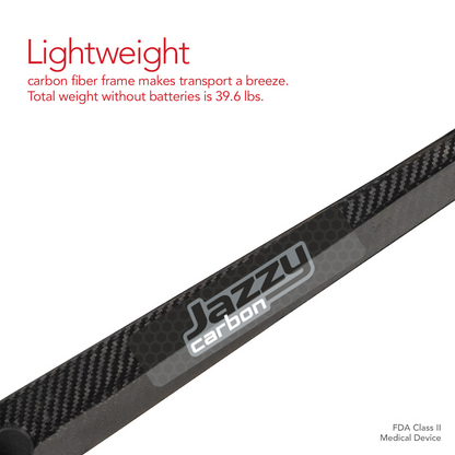 Close-up of the Pride Mobility Jazzy® Carbon Ultralite Powerchair frame, featuring an ultra-lightweight carbon fiber design ideal for travel. Total weight without batteries: 39.6 lbs. Bottom right notes FDA Class II Medical Device.