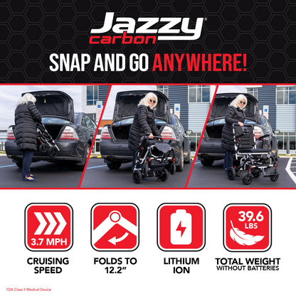 A woman easily loads the 39.6 lbs. Pride Mobility Jazzy® Carbon Ultralite Powerchair from a car trunk. With its 3.7 MPH speed, compact 12.2 fold, and lithium-ion battery, its perfect for any Snap and Go Anywhere adventure!.