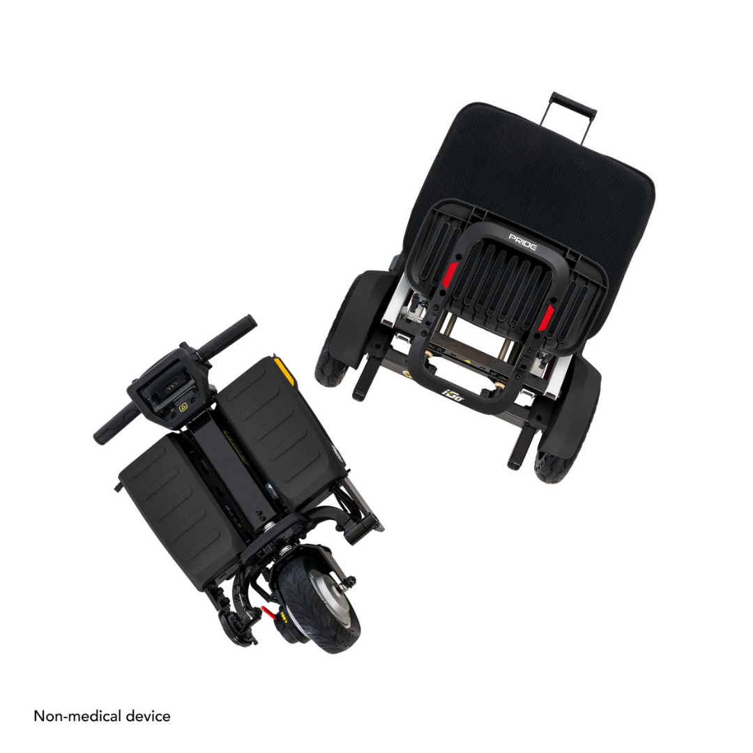 The Pride Mobility i-Go™ Portable Travel Scooter is displayed from two angles to show its ultra-compact profile. This non-medical device features a cushioned seat, footrest, and small wheels for easy maneuvering. Its feather-touch disassembly allows effortless folding for convenient storage and transport.