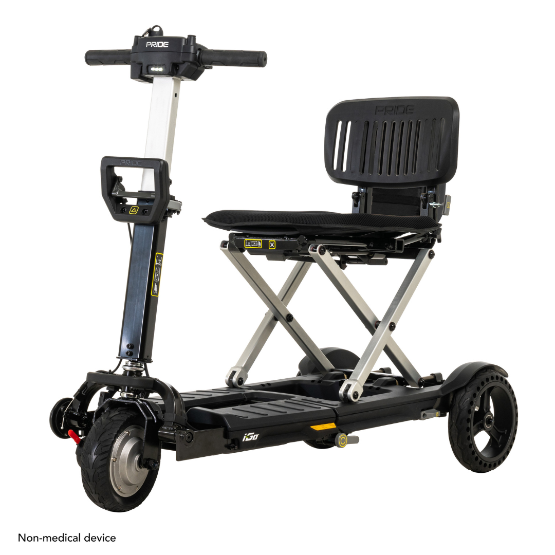 The Pride Mobility i-Go™ Portable Travel Scooter features an ultra-compact design, high back seat, solid frame, and three-wheel stability. Handlebar controls and feather-touch disassembly make it perfect for travel.