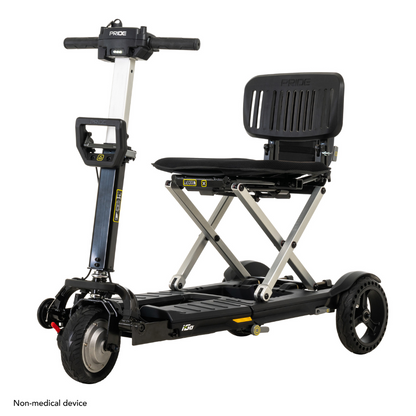The Pride Mobility i-Go™ Portable Travel Scooter features an ultra-compact design, high back seat, solid frame, and three-wheel stability. Handlebar controls and feather-touch disassembly make it perfect for travel.