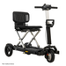 The Pride Mobility i-Go™ Portable Travel Scooter features an ultra-compact design with a black seat, metallic frame, steering handle, three wheels, and footrest for easy transport. Non-medical device text is displayed at the bottom left.
