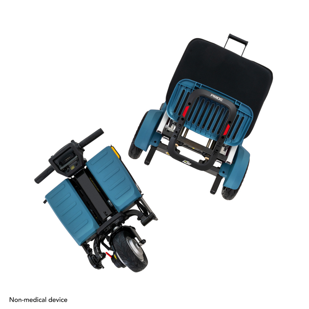Two blue i-Go™ Portable Travel Scooters with black accents are shown from rear and front angles. The top scooter displays its black seat and backrest, while the bottom highlights the control panel and front wheel. Text reads Non-medical device.