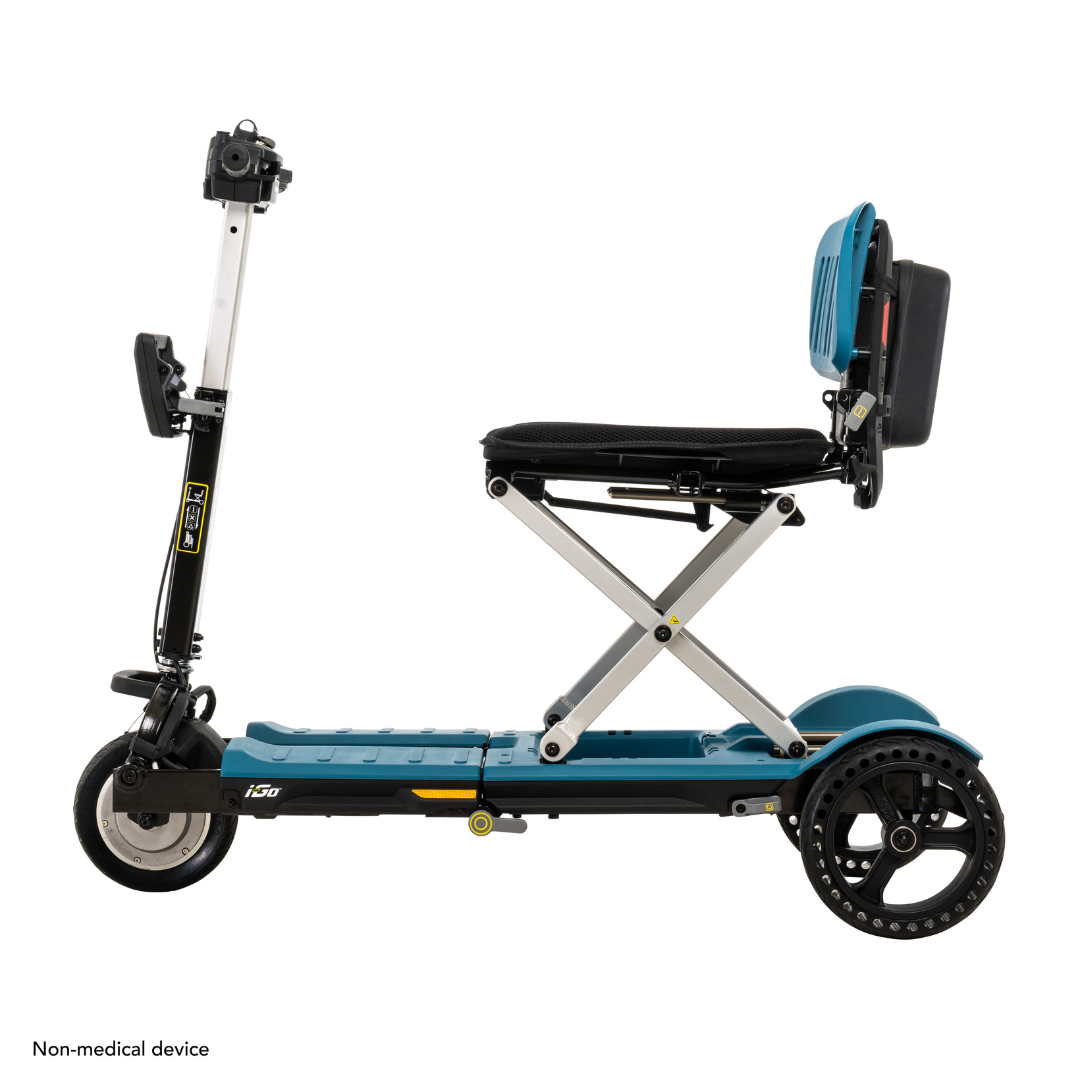 Meet the Pride Mobility i-Go™ Portable Travel Scooter, an ultra-compact black and teal mobility device. Featuring a cushioned seat, backrest, and Feather-Touch Disassembly for easy transport, navigate effortlessly using its handlebars and control panel on two small wheels.