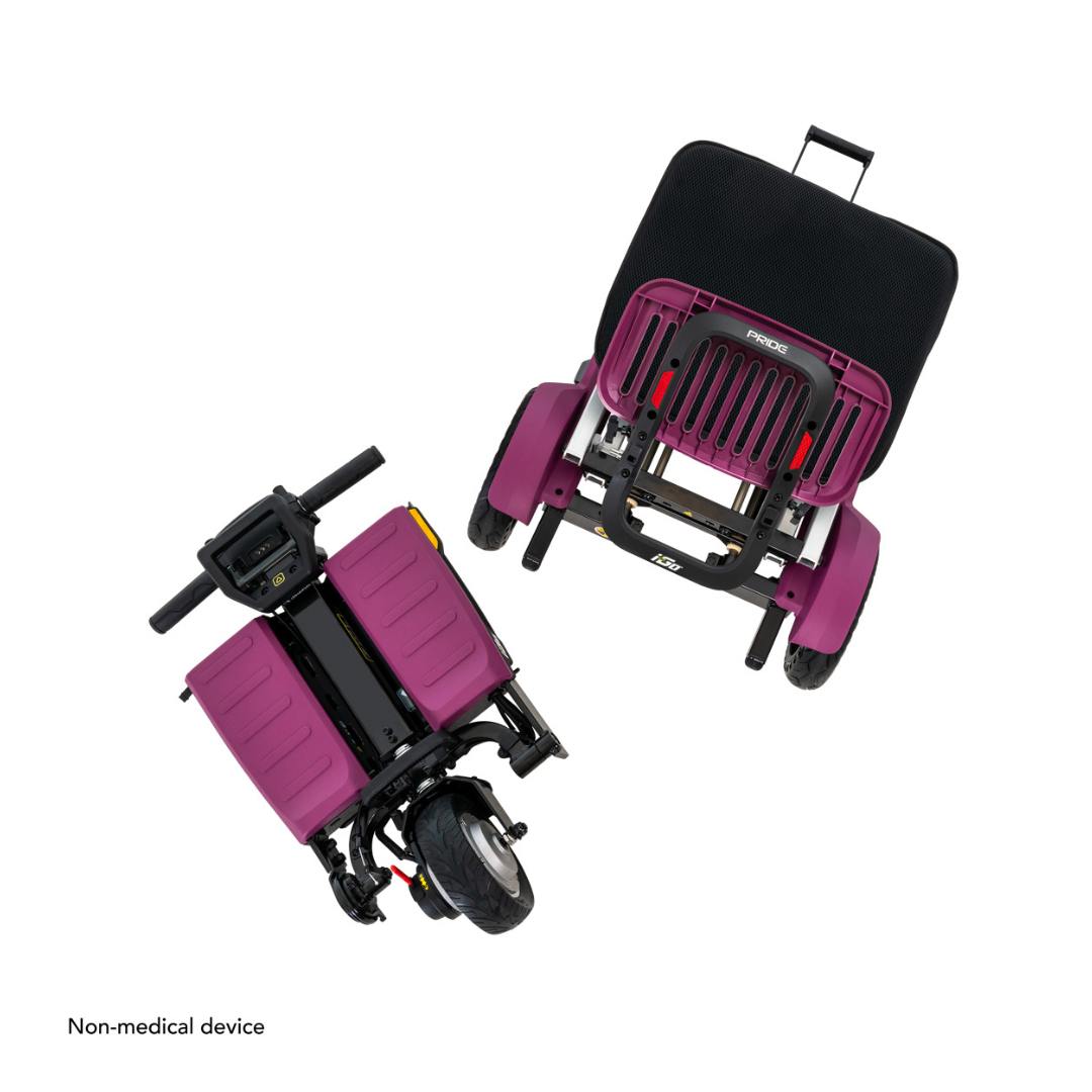 Two purple Pride Mobility i-Go™ Portable Travel Scooters are shown: one from above, emphasizing the seat and back, and the other from the front and side, featuring handlebars and a single front wheel. These ultra-compact, non-medical scooters offer convenient Feather-Touch Disassembly.