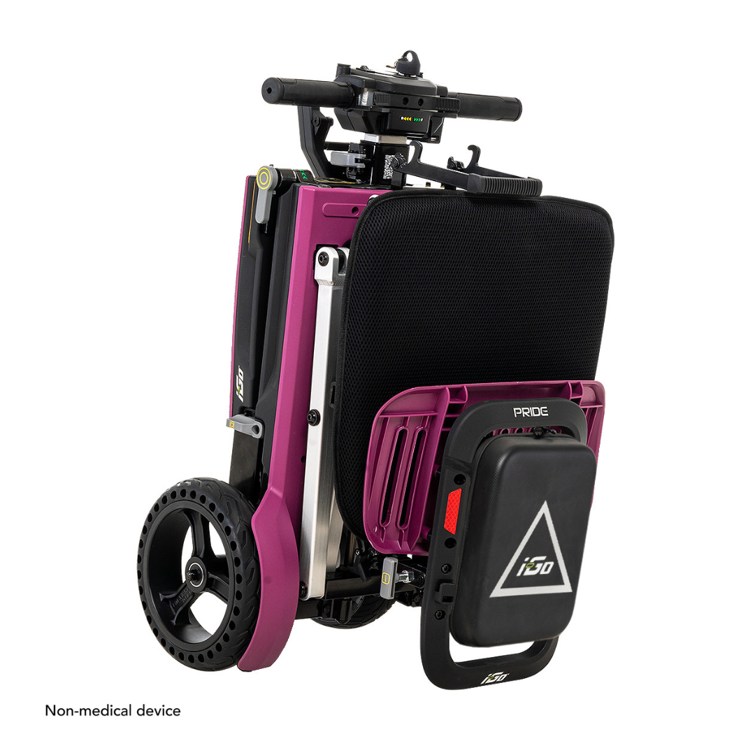 The Pride Mobility i-Go™ Portable Travel Scooter features an ultra-compact design with feather-touch disassembly, in purple and black. It includes a sturdy handlebar, padded seat, and convenient wheels. Labeled as a Non-medical device, its ideal for those seeking portability without compromise.