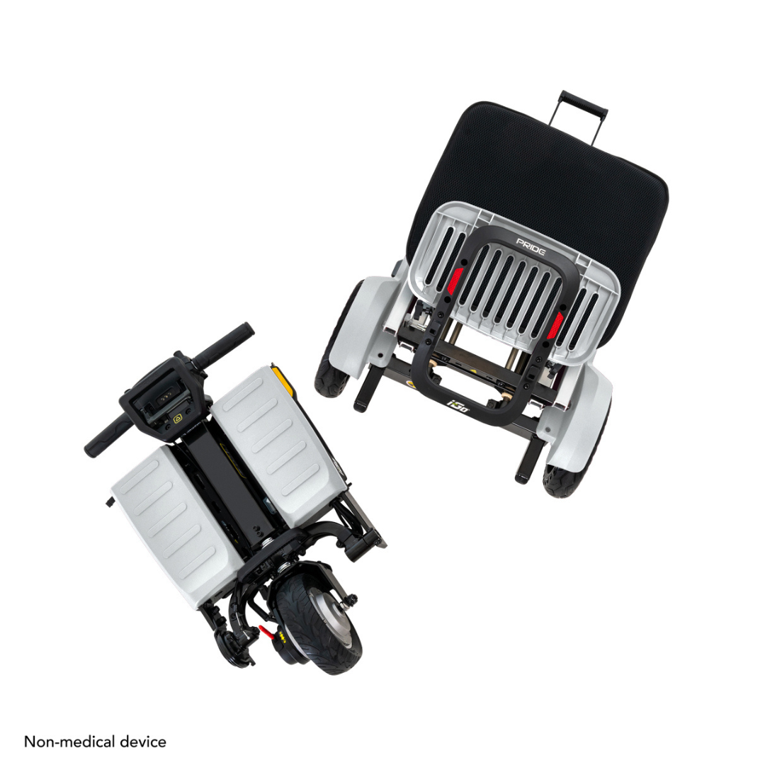 Two views of the Pride Mobility i-Go™ Portable Travel Scooter: front with handlebars and wheel, and backrest with rear wheels. This non-medical device features an ultra-compact, foldable design with sleek white panels.