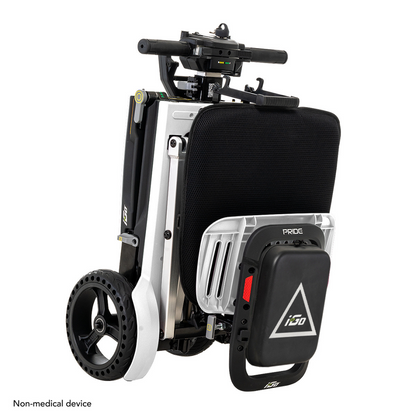 The Pride Mobility i-Go™ Portable Travel Scooter is a compact, foldable electric scooter with a black seat cushion and robust wheels. It features a modern design with a rear battery pack and is noted for convenience as a non-medical device.