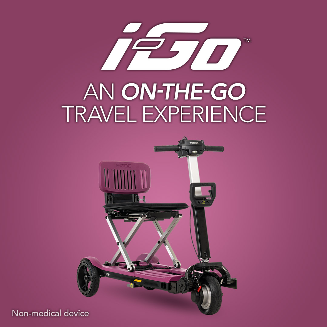 The Pride Mobility i-Go™ Portable Travel Scooter is featured in a compact, purple design with an ultra-compact profile on a coordinating background. Text reads i-Go: An On-The-Go Travel Experience with a note indicating it is a non-medical device.