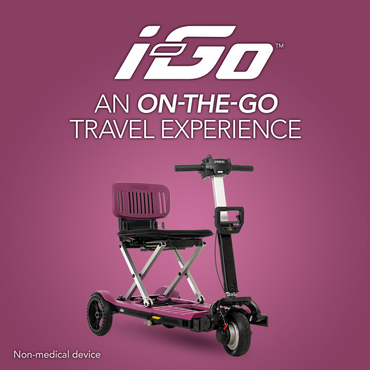 The Pride Mobility i-Go™ Portable Travel Scooter is featured in a compact, purple design with an ultra-compact profile on a coordinating background. Text reads i-Go: An On-The-Go Travel Experience with a note indicating it is a non-medical device.