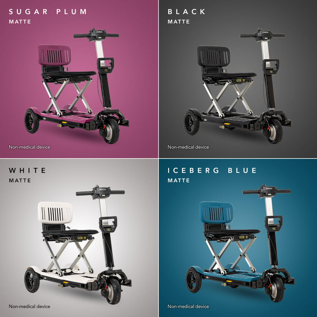 The Pride Mobility i-Go™ Portable Travel Scooter collection offers four vibrant colors—Sugar Plum, Black, White, and Iceberg Blue—with a matte finish, convenient seat, ultra-compact design, and feather-touch disassembly. These stylish scooters are not medical devices.