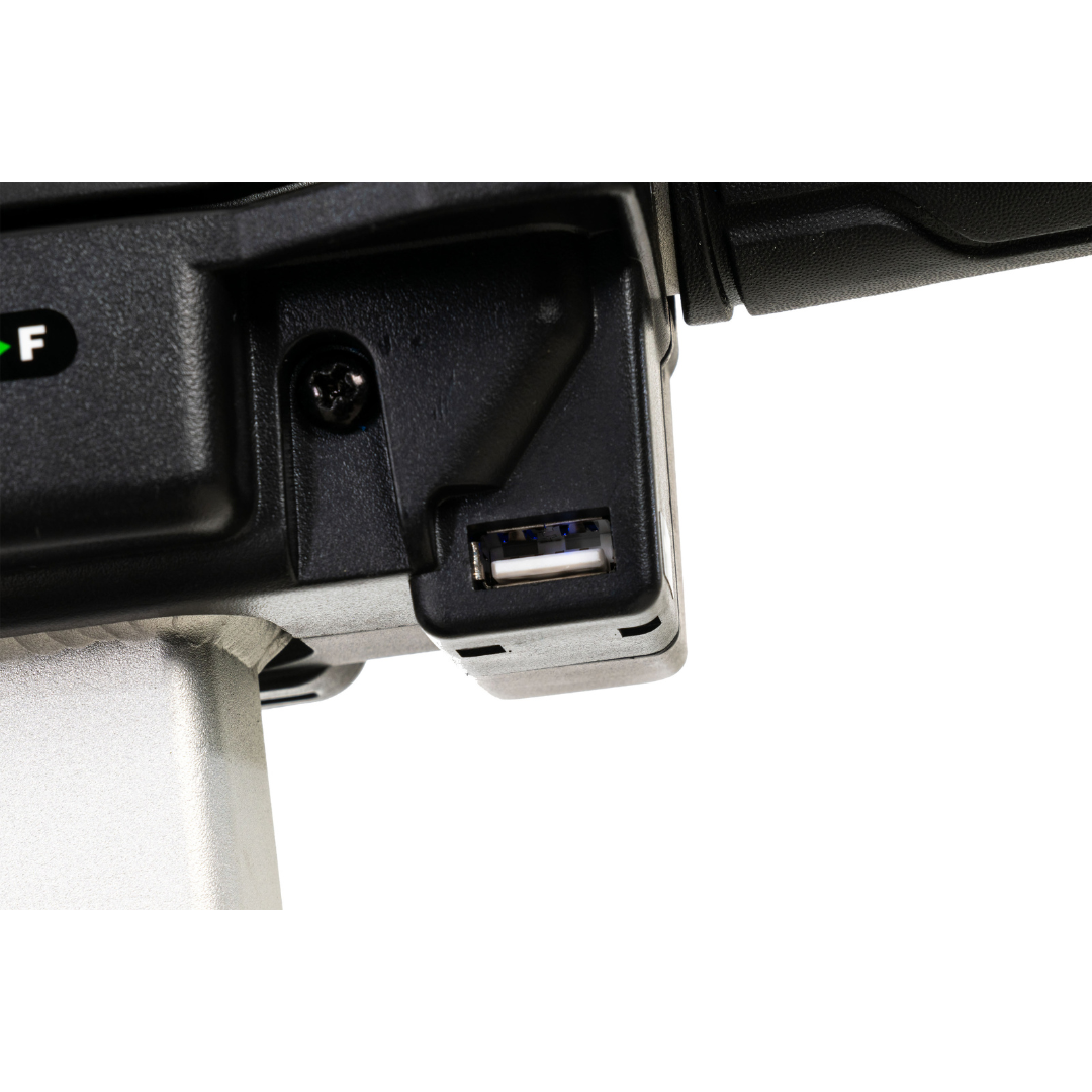 Close-up of a black Pride Mobility i-Go™ Portable Travel Scooter with an ultra-compact profile, featuring a USB port and a textured surface, complemented by a visible screw.