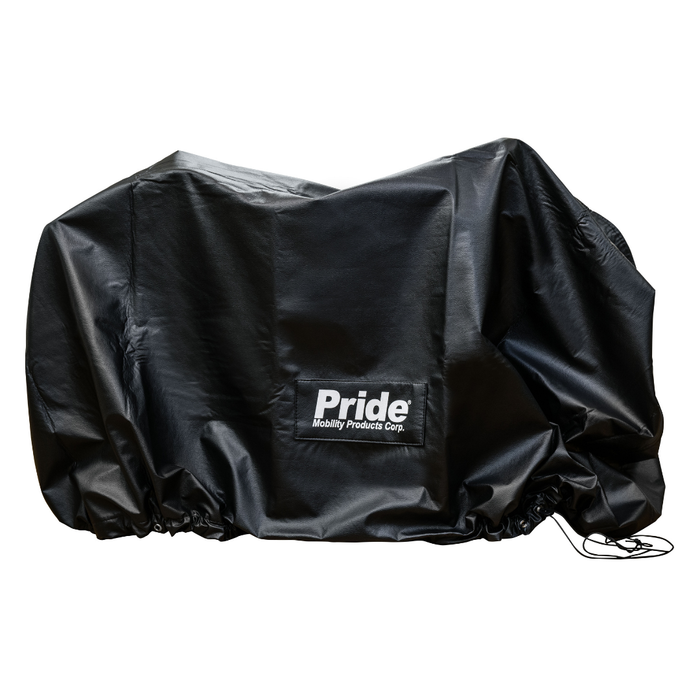 The Pride Mobility All-Weather Scooter Cover is a black, durable vinyl rain cover with elastic edges and a drawstring, offering all-weather protection for mobility scooters. Features the Pride Mobility Products Corp. logo.