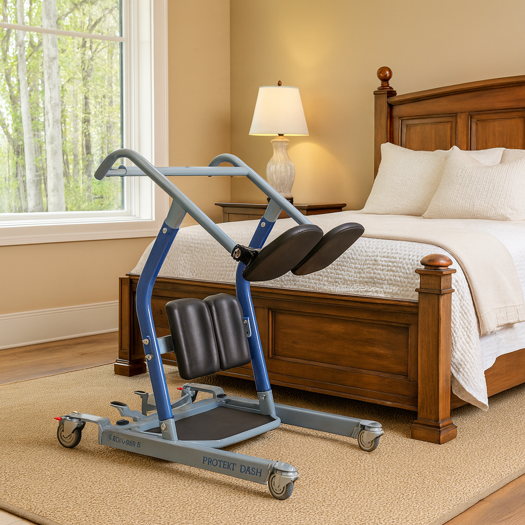 The Proactive Protekt® Dash Sit-To-Stand Transfer Aid in blue and silver, featuring padded supports and wheels, stands beside a wooden bed in a warmly lit bedroom with a large window overlooking trees.