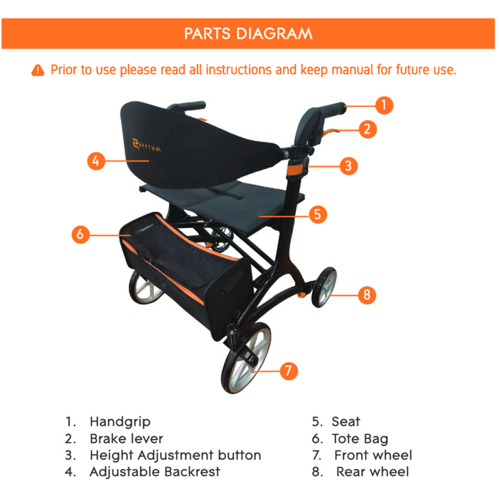 Rhythm Bariatric Crescendo Rollator - Portable Rolling Walker w/ Seat