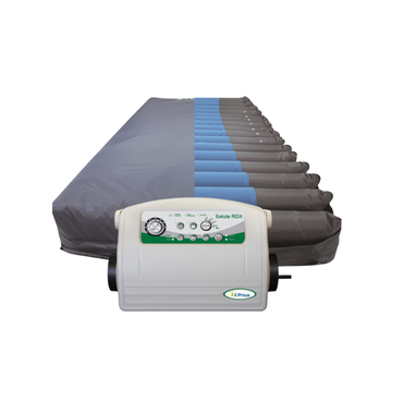 The Prius Salute RDX Alternating Pressure Mattress System features alternating pressure tubes for pressure relief and heel protection, with a gray mattress and blue segments, and a white electronic control unit in front to help prevent pressure ulcers.