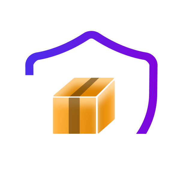 A brown cardboard box with a dark stripe sits under a purple house roof, representing Shipping Protection Powered by SureBright for safe home delivery or storage.
