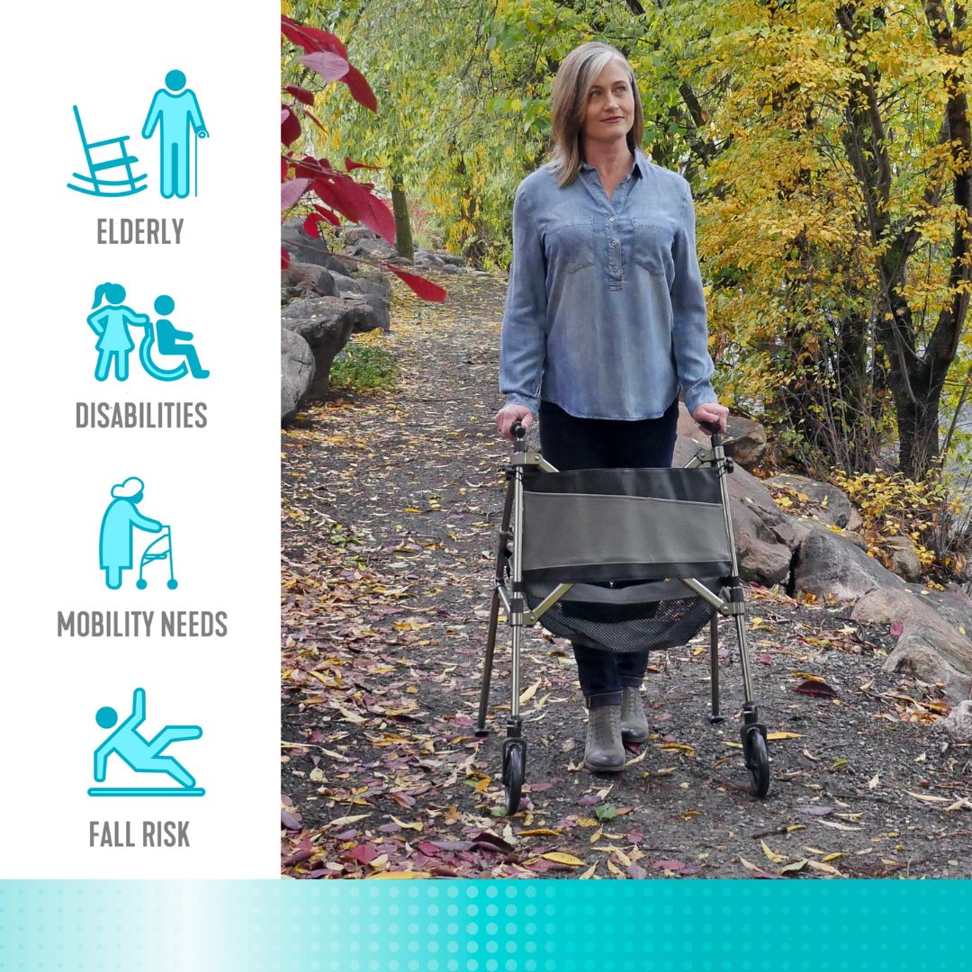 A woman uses the Signature Life Elite Bariatric Travel Walker on a forest path in autumn. On the left, icons and text highlight its benefits: support for elderly, disabilities, mobility needs, and fall risk.