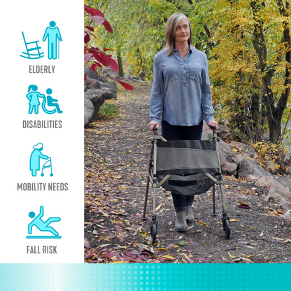 A woman uses the Signature Life Elite Bariatric Travel Walker on a forest path in autumn. On the left, icons and text highlight its benefits: support for elderly, disabilities, mobility needs, and fall risk.