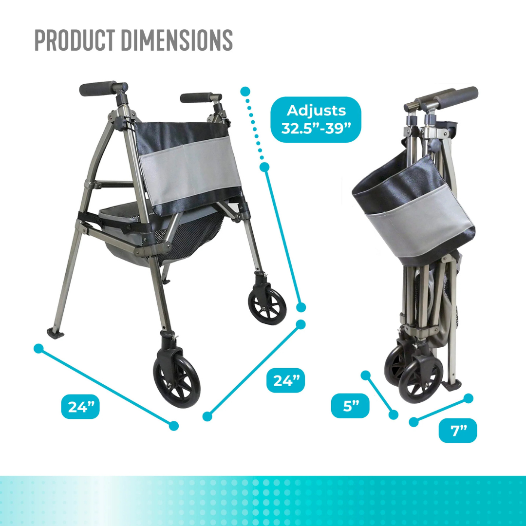 Two views of the Signature Life Elite Bariatric Travel Walker: one open at 24" wide and deep with height adjustable from 32.5" to 39", and one folded to a compact 5"x7" for travel.