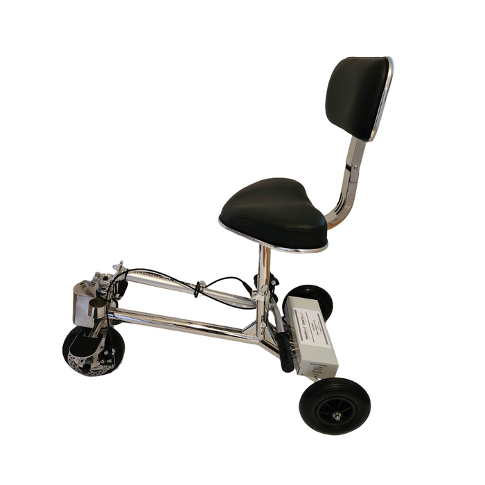 The SmartScoot® Ultra Light Mobility Scooter, FAA approved, is compact and foldable with a chrome frame and cushioned black leather seat. It has three wheels, with the larger front wheel featuring an electric motor for smooth travel. The battery pack is mounted by the rear wheels.