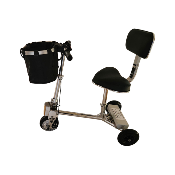 The SmartScoot® Ultra Light Mobility Scooter, FAA Approved, is small and three-wheeled with a black seat and backrest. It features a black handlebar with a control panel and front storage basket, plus a travel warranty for worry-free adventures.