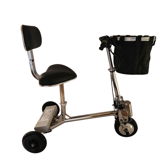 The SmartScoot® Ultra Light Mobility Scooter is a compact, FAA-approved three-wheeled scooter with a sleek chrome frame, black cushioned seat and backrest, handlebars, and a front basket for storage—ideal for easy travel.