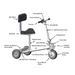 Diagram of the SmartScoot® Ultra Light Mobility Scooter - FAA Approved shows labeled parts: parking brake, control panel, throttle, hand brake, adjustable steering column, folding latch, front wheel components, padded footrest, seat with backrest. Built with a stainless steel frame and travel warranty included.