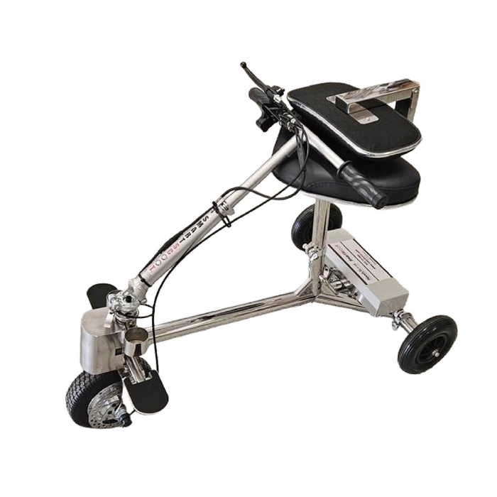 The SmartScoot® Ultra Light Mobility Scooter is FAA-approved, featuring a silver folding design with a black knee rest and handlebars. It includes one front wheel with a fender, two rear wheels, a braking system, and a compact metallic frame for portable mobility assistance.