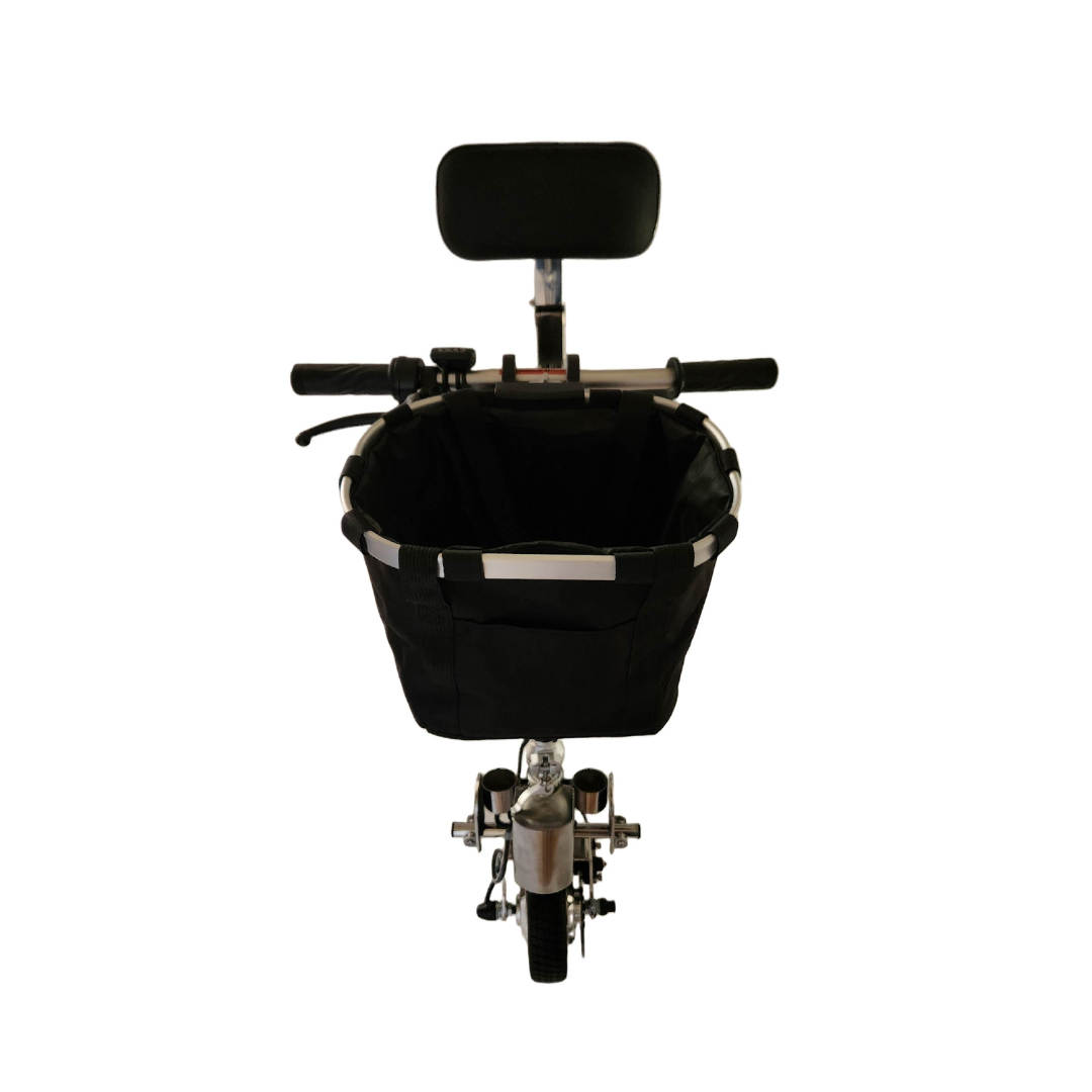Front view of a SmartScoot® Ultra Light Mobility Scooter featuring a black seat, handlebars, and a spacious basket for carrying items. The scooters front wheel is visible with the basket mounted above it. Background is white. FAA approved model.