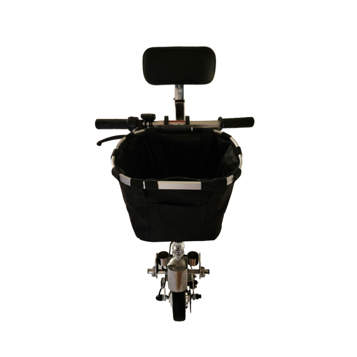 Front view of a SmartScoot® Ultra Light Mobility Scooter featuring a black seat, handlebars, and a spacious basket for carrying items. The scooters front wheel is visible with the basket mounted above it. Background is white. FAA approved model.