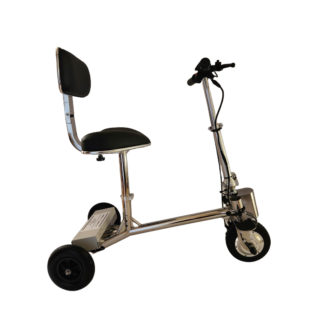The SmartScoot® Ultra Light Mobility Scooter is a compact three-wheeled scooter with a metallic frame and black cushioned seat, adhering to FAA guidelines for easy air travel. It features handlebars for steering, small wheels for maneuverability, and comes with detailed specifications.