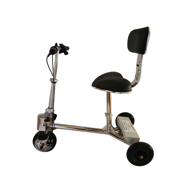 The SmartScoot® Ultra Light Mobility Scooter is a compact, FAA-approved electric scooter featuring a black seat and backrest. Its metallic frame supports three wheels and handlebars with brake controls, designed for seated riding and seamless travel experiences.