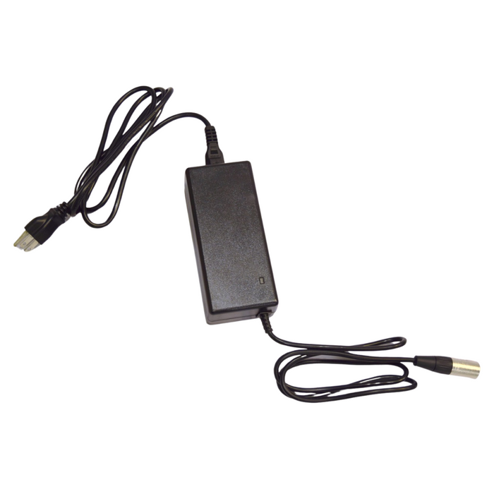 A black power adapter featuring a central rectangular box has a plug on one side and a connector on the other with long black cables—ideal for efficiently charging SmartScoot & HandyScoot Mobility Scooters.