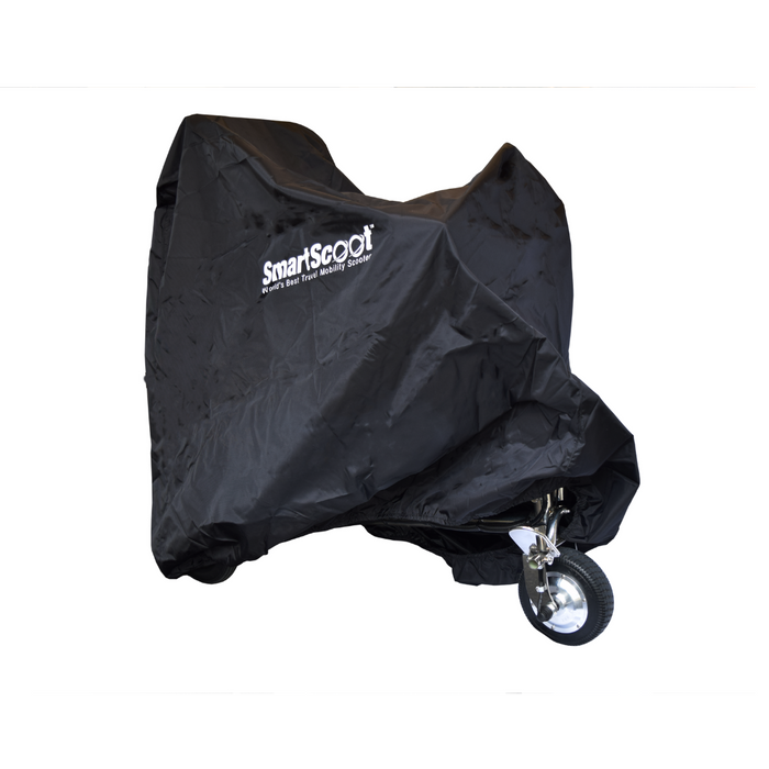 A waterproof black nylon cover from the SmartScoot & HandyScoot Mobility Scooter Accessories partially shields the mobility scooter, with SmartScoot visible. The single wheel is exposed beneath the cover, and the scooter sits on a plain white background.