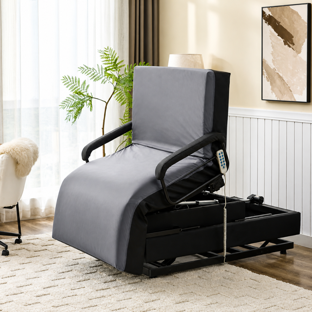 A gray adjustable recliner with remote control sits partially elevated in a modern living room, offering comfort similar to the EZLift Bed Hi-Lo Pro™ Electric Bed with Stand Assist, surrounded by beige walls and contemporary decor.