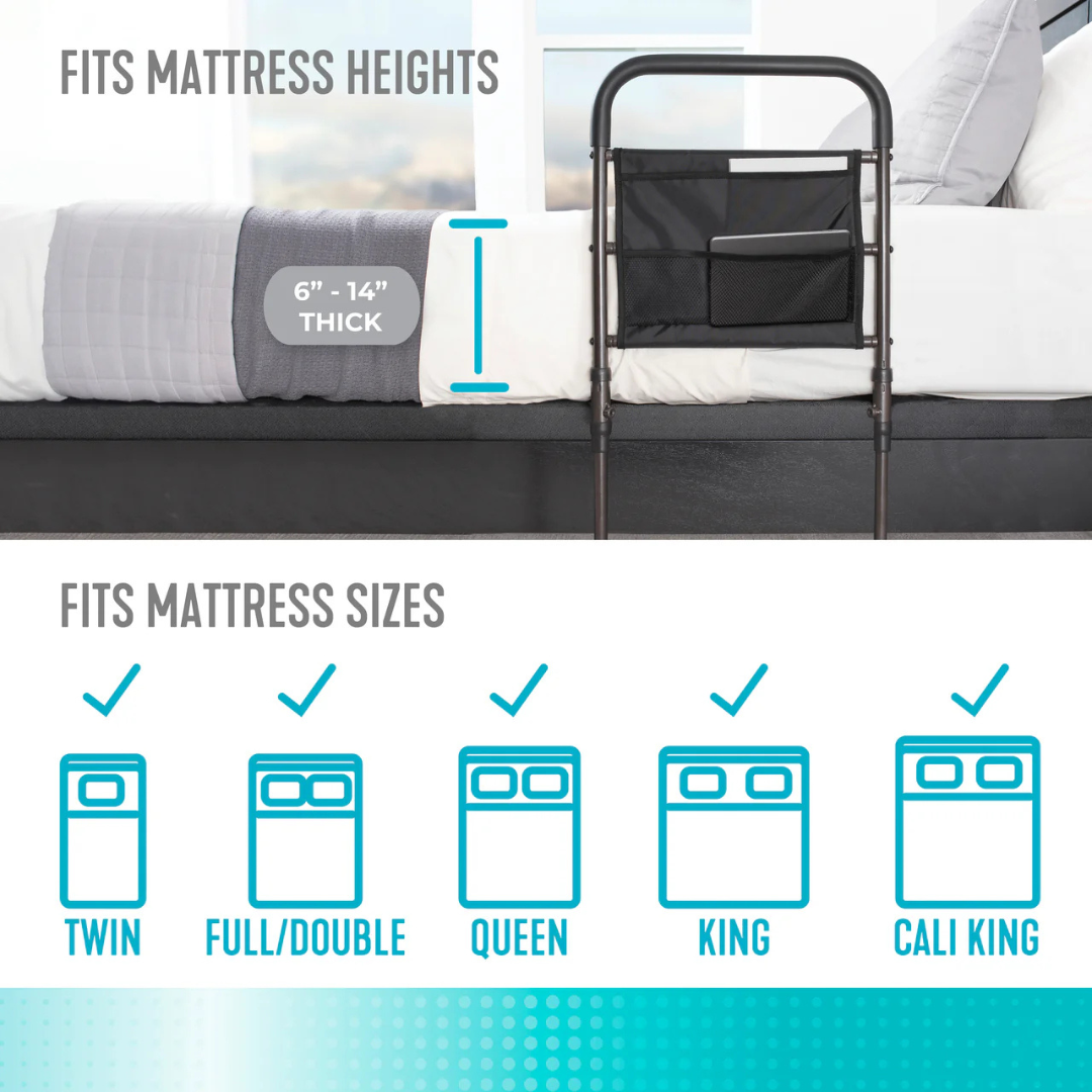 The Stander Stable Rail attaches to mattresses 6–14" high, fitting Twin, Full/Double, Queen, King, and California King sizes. It features an adjustable handle and extendable legs. Icons below highlight compatible mattress sizes.
