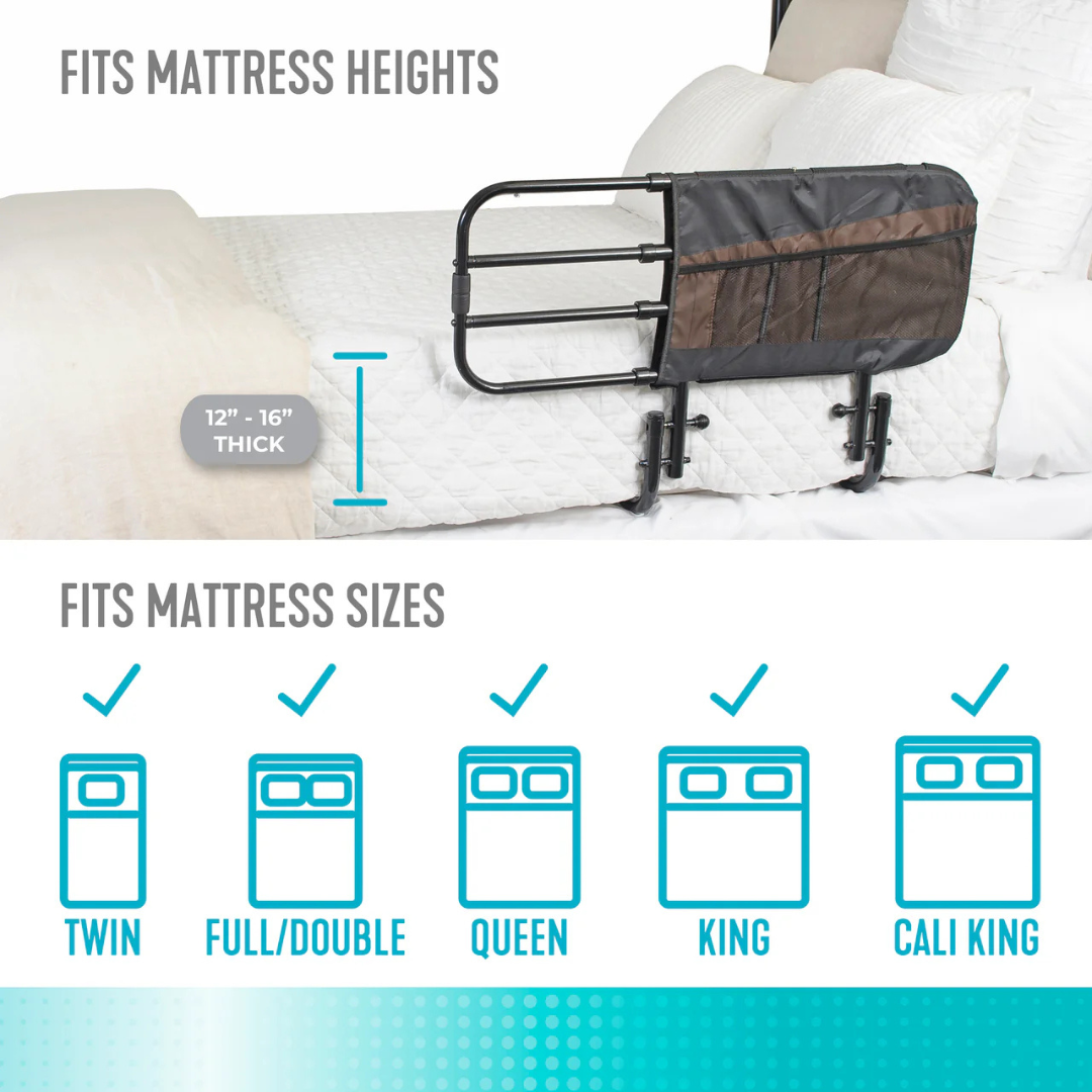 The Stander EZ Adjust Bed Rail, shown on a bed with a white quilt, fits 12-16" thick mattresses and provides fall protection. Compatible with Twin, Full/Double, Queen, King, and California King sizes.
