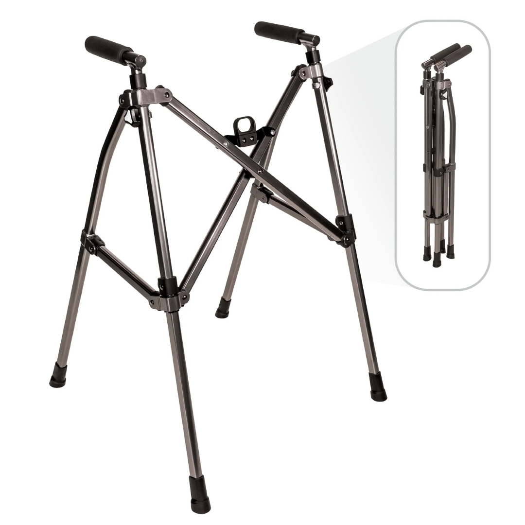 The Stander Wonder Walker Lite is a lightweight, adjustable walker with four legs and rubber tips. It features black foam hand grips, a metallic frame for comfort and support, and is shown in both open and compact folded positions.