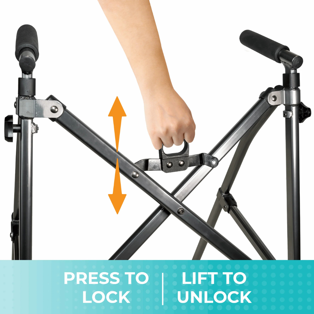 A hand grips the handle of the Stander Wonder Walker Lite’s metal frame, showing an up-and-down motion. Text reads: PRESS TO LOCK and LIFT TO UNLOCK on a blue background—ideal for this compact adjustable walker.