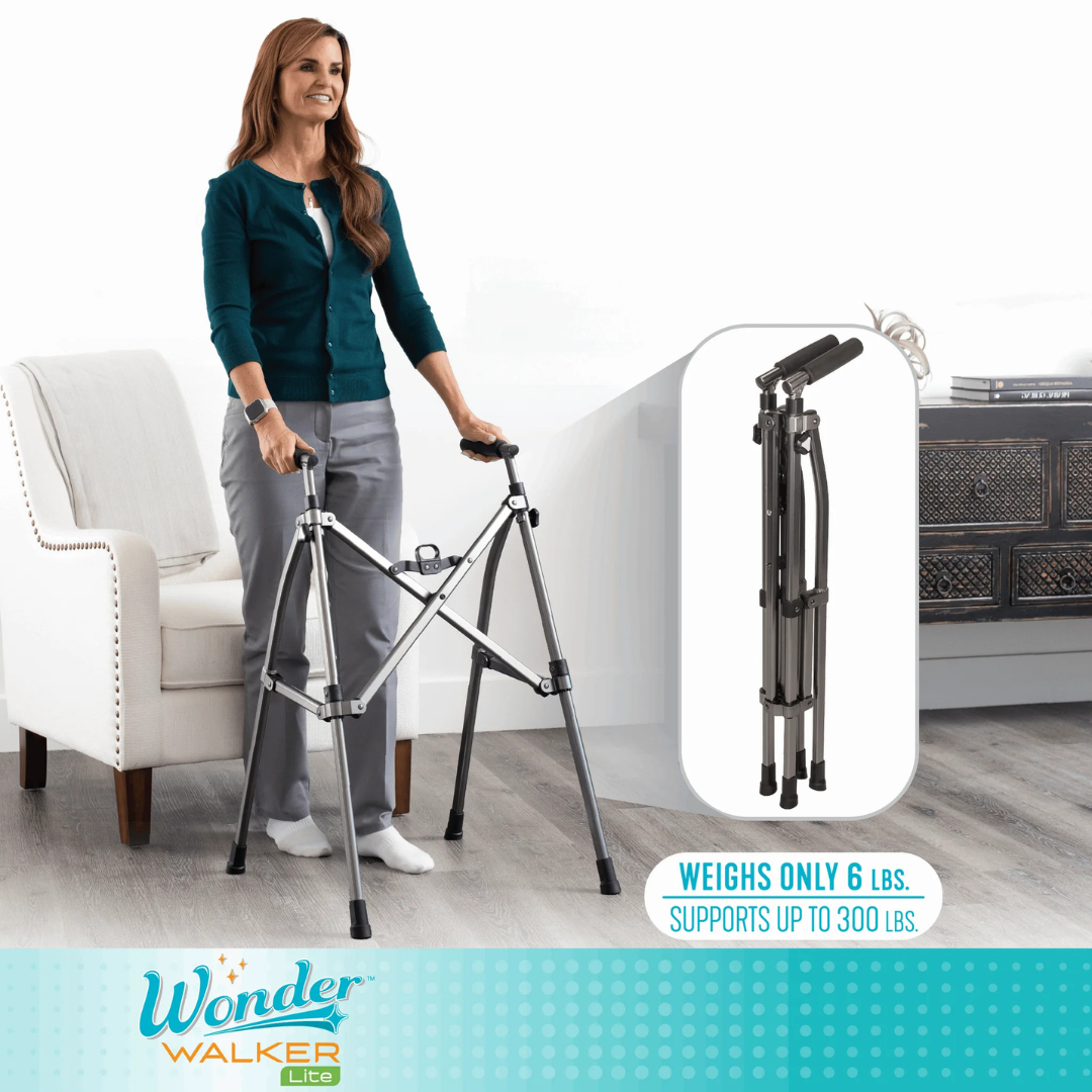 A woman smiles while using the Stander Wonder Walker Lite, a lightweight, compact folding walker, in her living room. Inset image shows it folded. Text highlights: Only 6 lbs; supports up to 300 lbs. Stander Wonder Walker Lite logo at bottom.
