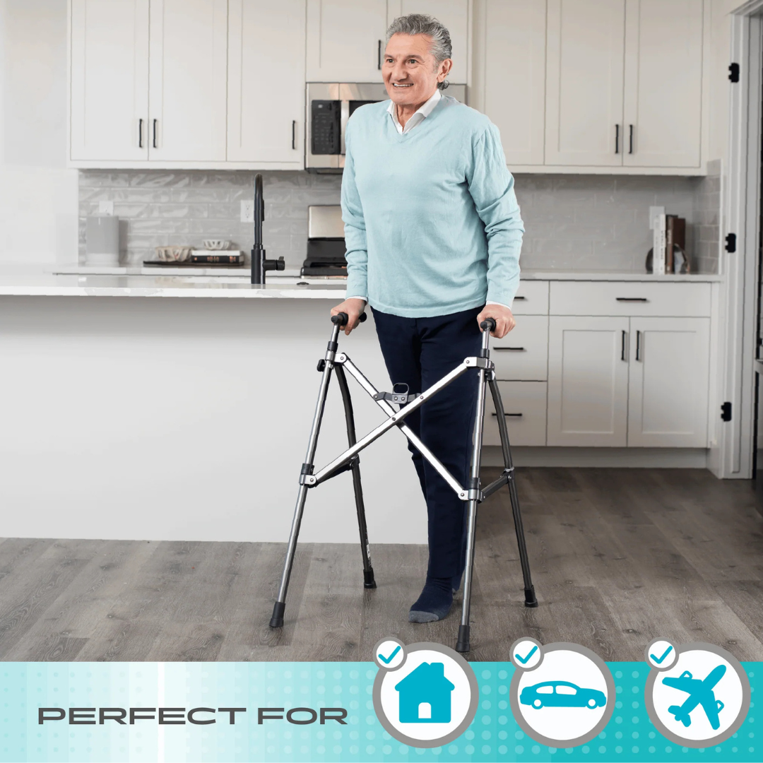 An older man stands in a modern kitchen using the Stander Wonder Walker Lite. Icons below show it’s perfect for home, car, and airplane travel. Text at the bottom reads Perfect For.