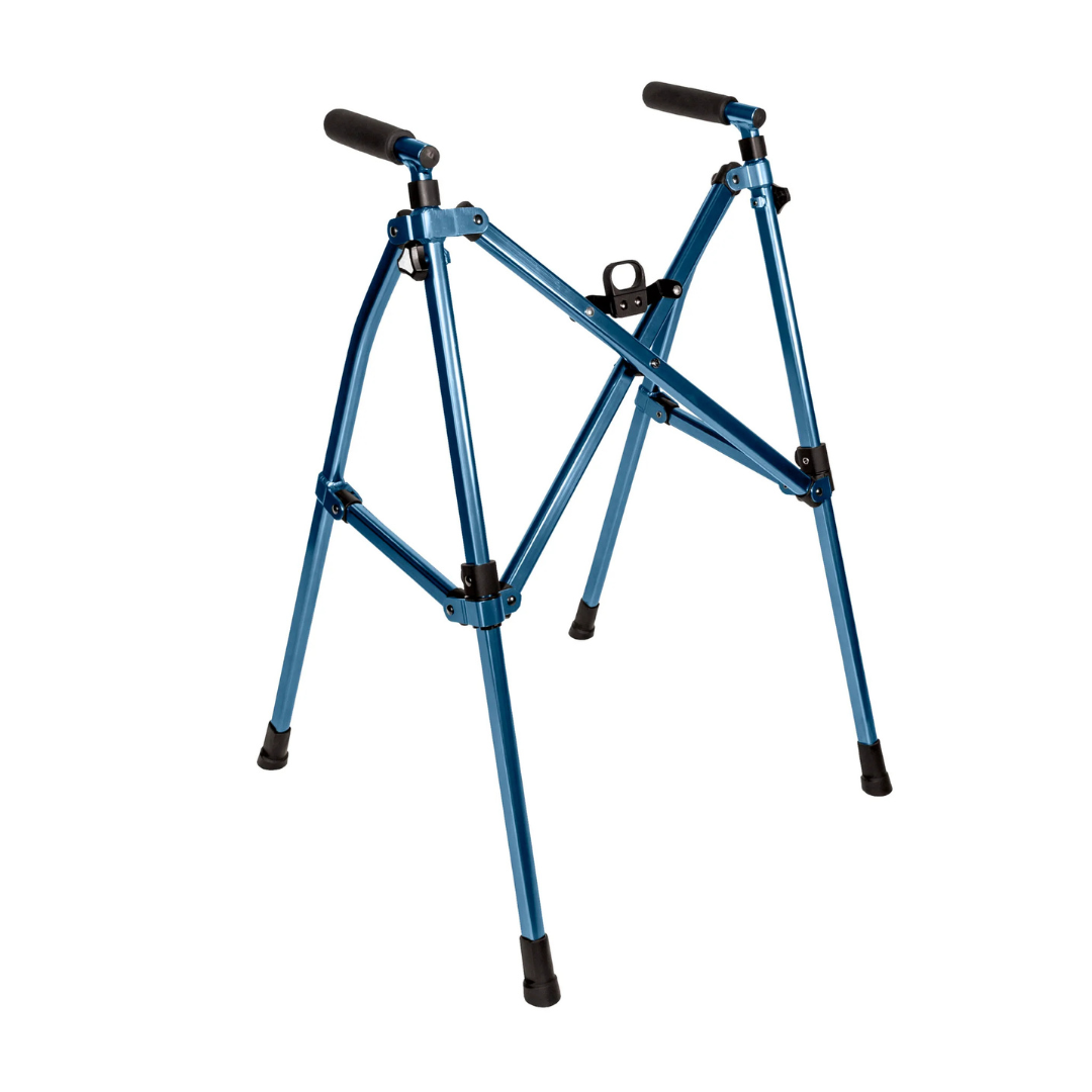 The Stander Wonder Walker Lite is a blue, lightweight, compact folding walker-style sawhorse with black rubber feet and handles, ideal for supporting materials during cutting or construction tasks.