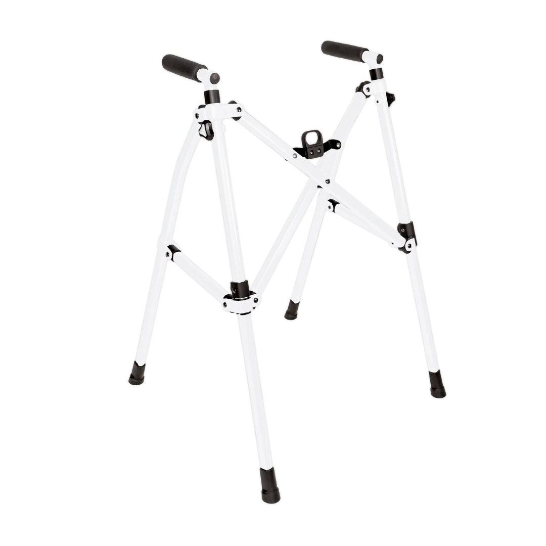 The Stander Wonder Walker Lite is a compact, foldable white metal walker with four legs, black rubber feet, and handle grips, designed for lightweight support and easy transport.